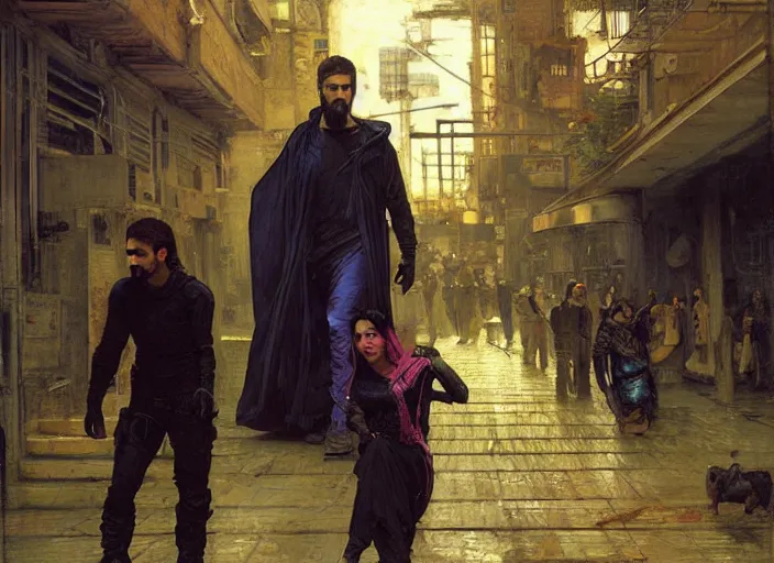 Image similar to Maria evades security guards. Cyberpunk hacker escaping Menacing Cyberpunk corporate security. (dystopian, police state, Cyberpunk 2077, bladerunner 2049). Iranian orientalist portrait by john william waterhouse and Edwin Longsden Long and Theodore Ralli and Nasreddine Dinet, oil on canvas. Cinematic, vivid colors, hyper realism, realistic proportions, dramatic lighting, high detail 4k