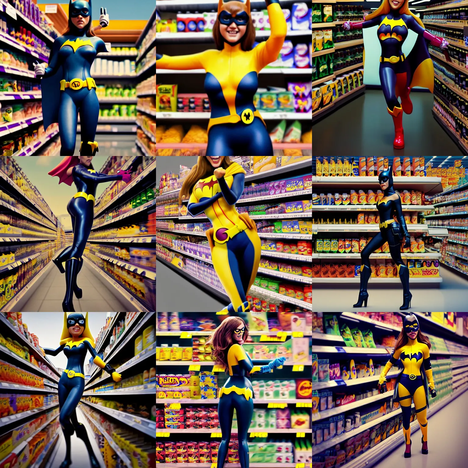 Prompt: jessica alba as batgirl climbing a grocery display shelf : : in a crowded packed grocery store : : octane render, artstation, weta, pixar, disney, soft, decadent, lustrous, polished : :