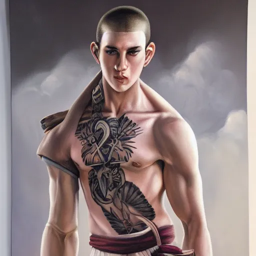 Image similar to A detailed matte oil on canvas painting of a young white male martial artist monk, orchid arm tattoos by artgerm, trending on artstationhd, dungeons and dragons art