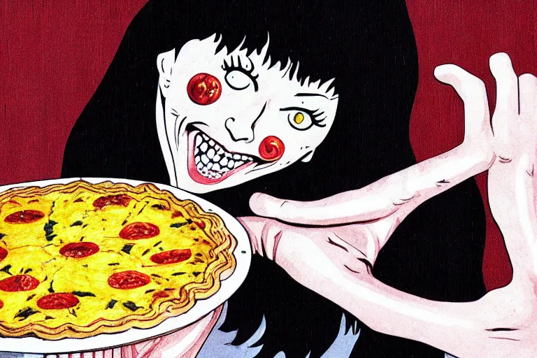 Prompt: Woman in kitchen making a tomato and corn pie in the style of Junji Ito