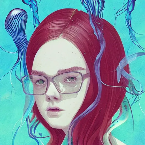 Prompt: Elle Fanning underwater surrounded by jellyfish picture by Sachin Teng, asymmetrical, dark vibes, Realistic Painting , Organic painting, Matte Painting, geometric shapes, hard edges, graffiti, street art:2 by Sachin Teng:4