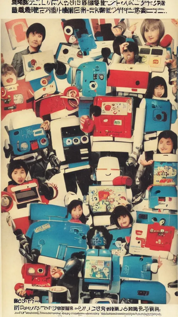 Prompt: 1 9 8 0 s japanese magazine advert for robot friends