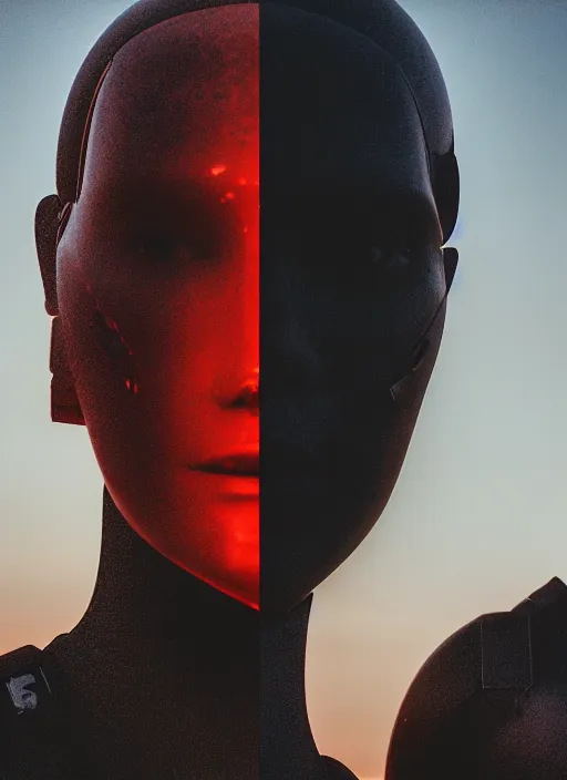 Image similar to cinestill 5 0 d photographic portrait of two loving female androids wearing rugged black techwear on a desolate plain with a red topographic sky in front of a brutalist structure, extreme closeup, cyberpunk style, dust storm, 8 k, hd, high resolution, 3 5 mm, f / 3 2, ultra realistic faces, ex machina
