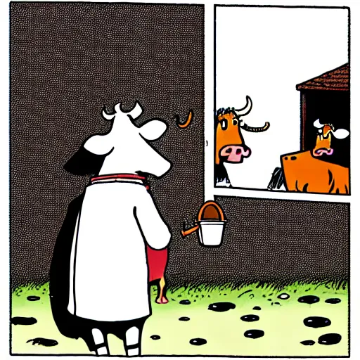 Image similar to a cow points at a bucket, illustrated by gary larson, far side comic, b & w