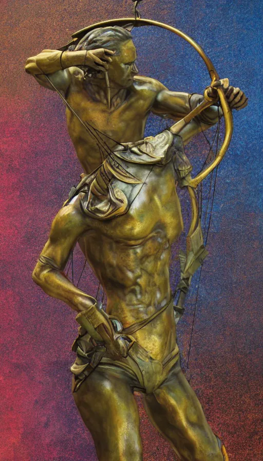 Prompt: An epic fantastic realism comic book style painting of a distressed bronze archery sculpture from the future by Stanislaw Szukalski, beautiful colorful flowers rain down, gilded marbled paper background, archer, fisheye lens, unreal 5, DAZ, hyperrealistic, octane render, dynamic lighting