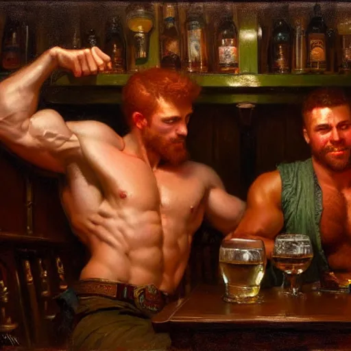 Image similar to attractive muscular mike with ginger hair with muscular attractive tyler with brunet hair, drinking their hearts out, in a pub. very defined and highly detailed painting by gaston bussiere, craig mullins, j. c. leyendecker 8 k