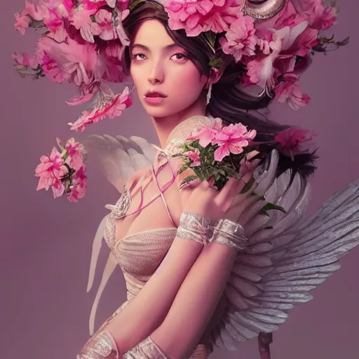 Prompt: expressive full body photo of sophia lauren as beautiful angel, smooth glowing skin, ornate headpiece made from pink flowers, glamour shot, by yoshitaka amano, by greg rutkowski, by jeremyg lipkinng, by artgerm, digital art, octane render, unreal engine, photorealistic, canon r 3, fashion photography