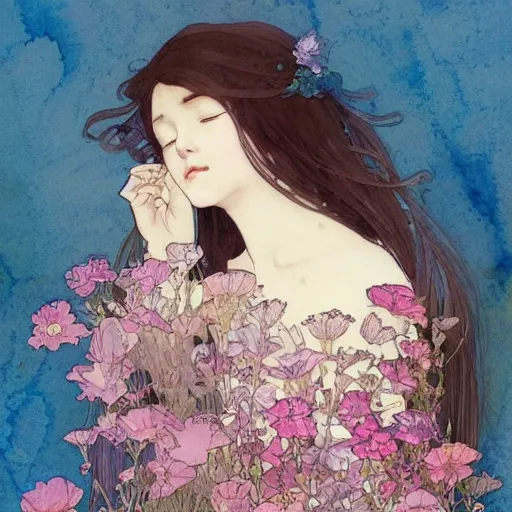 Image similar to a beautiful intricate watercolor illustration of a sleeping girl with flowers,, 4 k, ultra - wide angle, by william turner, by victo ngai, by alphonse mucha, by miho hirano, by moebius, hd, trending on artstation, hyper detailed, muted intense colors