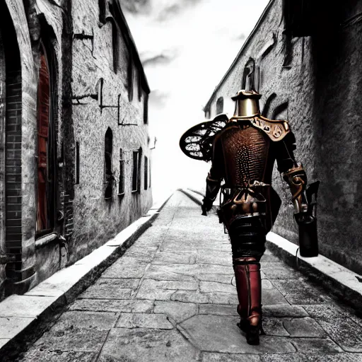 Image similar to a steampunk knight walking down an alley