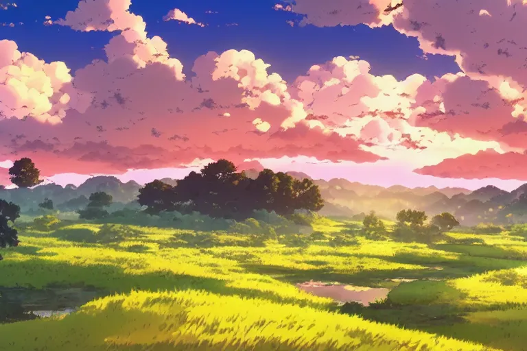 Image similar to anime screenshot wide-shot landscape with river and meadow hill, forest on the horizont, beautiful ambiance, golden hour, studio ghibli style, by hayao miyazaki, tom moor, sharp focus, highly detailed,