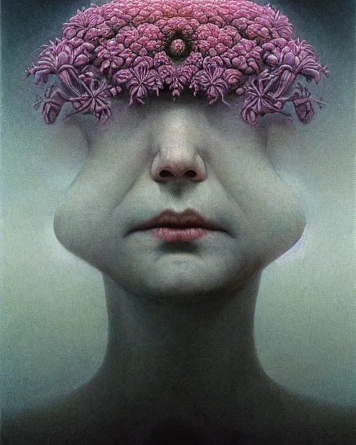 Image similar to portrait, descending into ethereal madness, flowers by wayne barlowe, toru kamei zdzisław beksinski, tanaka suguru, itsuko azuma, kinuko y. craft, mysterious, aesthetic!!! hyper detailed