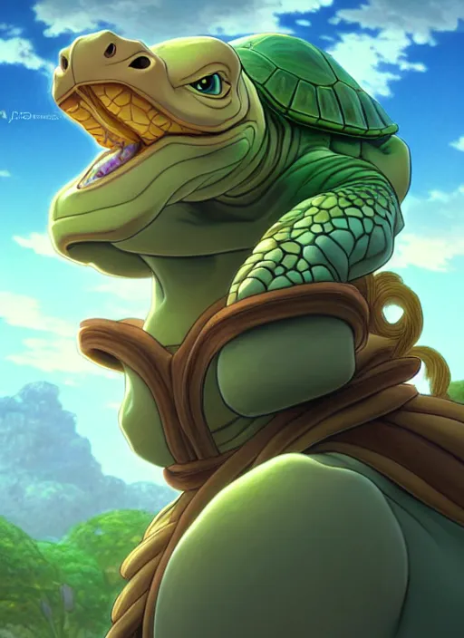 Image similar to elegant fantasy turtle with a horses head. natural lighting, path traced, highly detailed, high quality, digital painting, by don bluth and ross tran and studio ghibli and alphonse mucha, artgerm