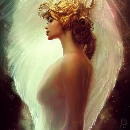 Image similar to head and shoulders portrait of an angelic creature, dark fantasy, mystic, abstract background, feminine beauty, elegant, intricate, face, medium shot, trending on artstation, volumetric light, by Fernanda Suarez and Karol Bak