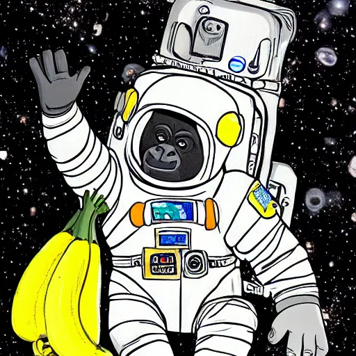 Image similar to a gorilla is a space suit traveling to outer space with his banana friend