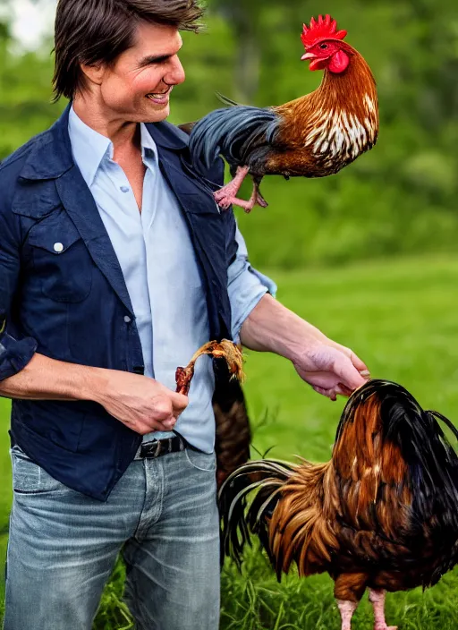 Prompt: a professional photo of tom cruise holding a rooster, f / 1. 4, 9 0 mm