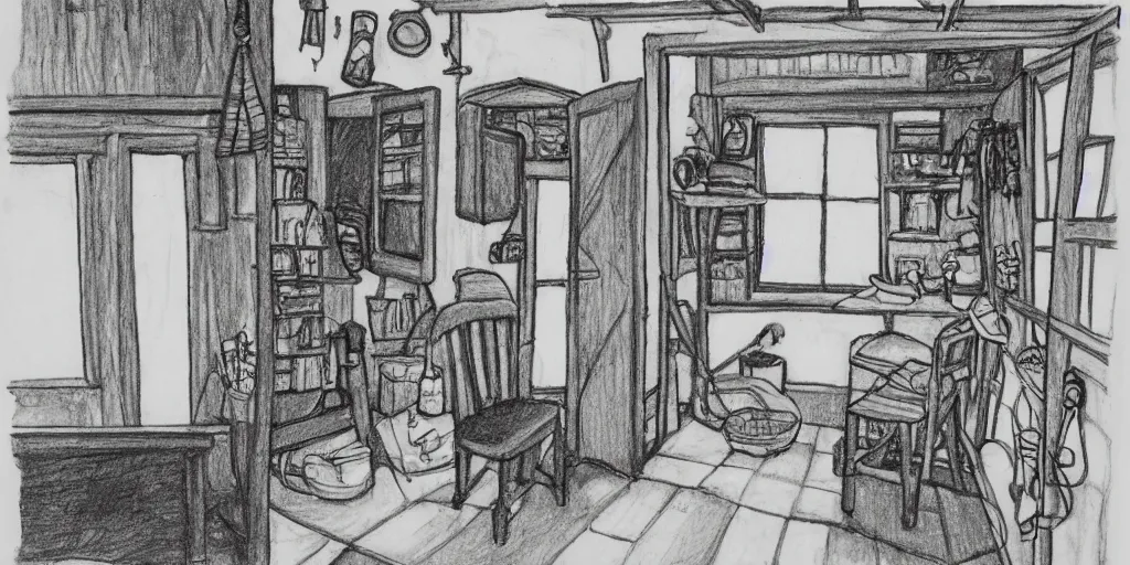 Image similar to studio Ghibli, the interior of a small cottage, black and white drawing