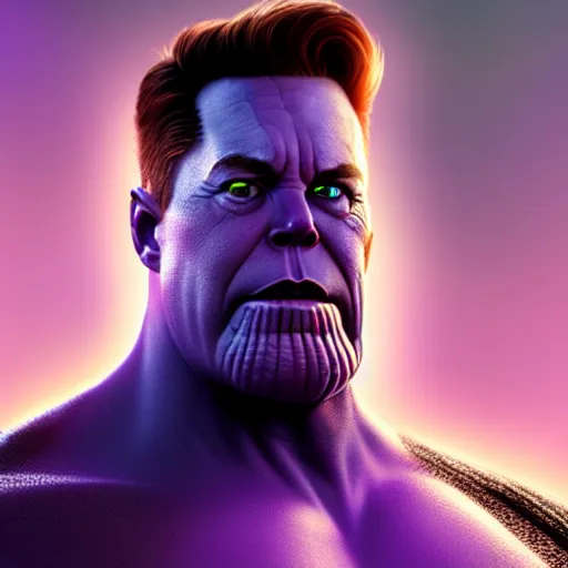 Image similar to a full character portrait of elon musk as thanos, the pixar adaptation, with same hairstyle, hyper detailed, digital art, trending in artstation, cinematic lighting, studio quality, smooth render, unreal engine 5 rendered, octane rendered