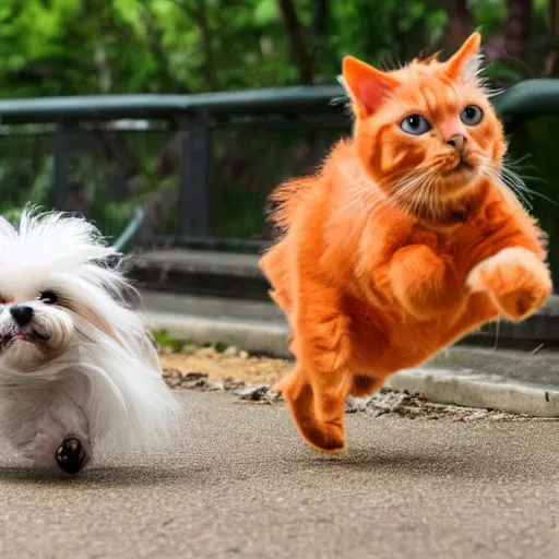 Image similar to a small dog being chased by a big fat orange cat