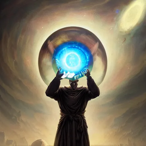 Image similar to masked nomad male wearing a cloak on an alien world and holding a holographic planet projection in his hand, detailed, sci - fi, digital painting, artstation, sharp focus, illustration, ominous, artgerm, tomasz alen kopera, peter mohrbacher, donato giancola, joseph christian leyendecker, wlop, frank frazetta