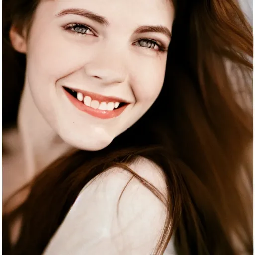 Image similar to Young pale brunette woman smiling, photoshoot, 30mm, Taken with a Pentax1000, studio lighting