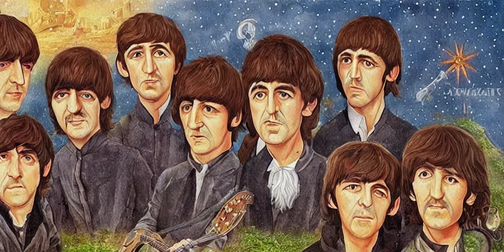 Image similar to the beatles in lord of the rings, fantasy art style