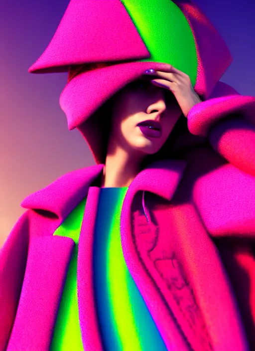 Image similar to coat for a rave, bright colors, many details, prints, photo for a magazine, photo for a store, fashion photography, Vogue, 135 mm, cinematic, hyper realism, high detail, octane render, 8k, chrome accents, perfect face