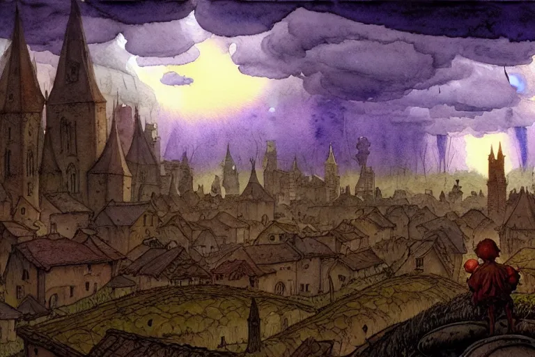 Prompt: a hyperrealist watercolor concept art of dozens of alien ufos in the sky above a medieval city during a thunderstorm. a dirty medieval peasant child is in the foreground. very muted colors, by rebecca guay, michael kaluta, charles vess. high detail, hq, wide shot, 4 k