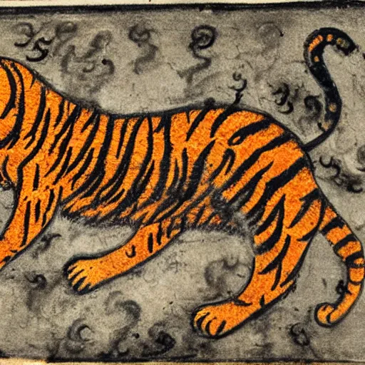 Image similar to bad drawn tiger made of smoke, lava and fire flying in the sky with many legs in a medieval manuscript, medieval manuscript, golden miniatures