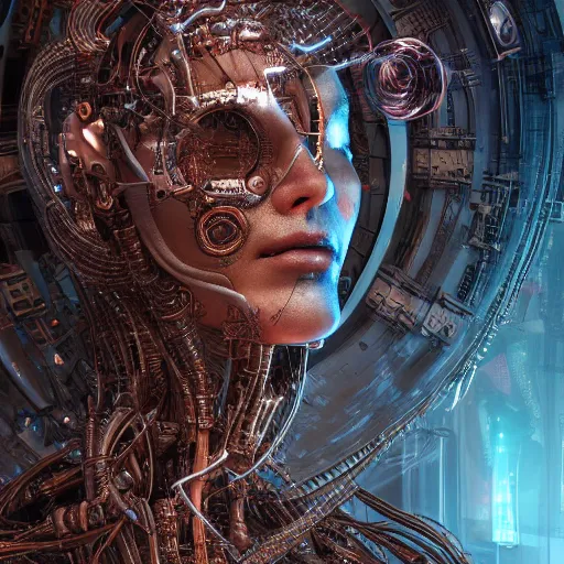 Prompt: cybernetic deity with circuitry skin and networked mind tripping on acid, bodies the exhibition, intricate detail, royo, whealan, giger, klimt, hd, octane render, unreal engine,