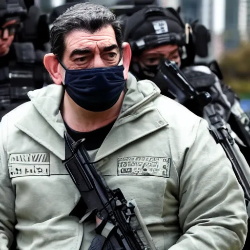 Image similar to evil dan andrews melbourne premier surrounded by swat team