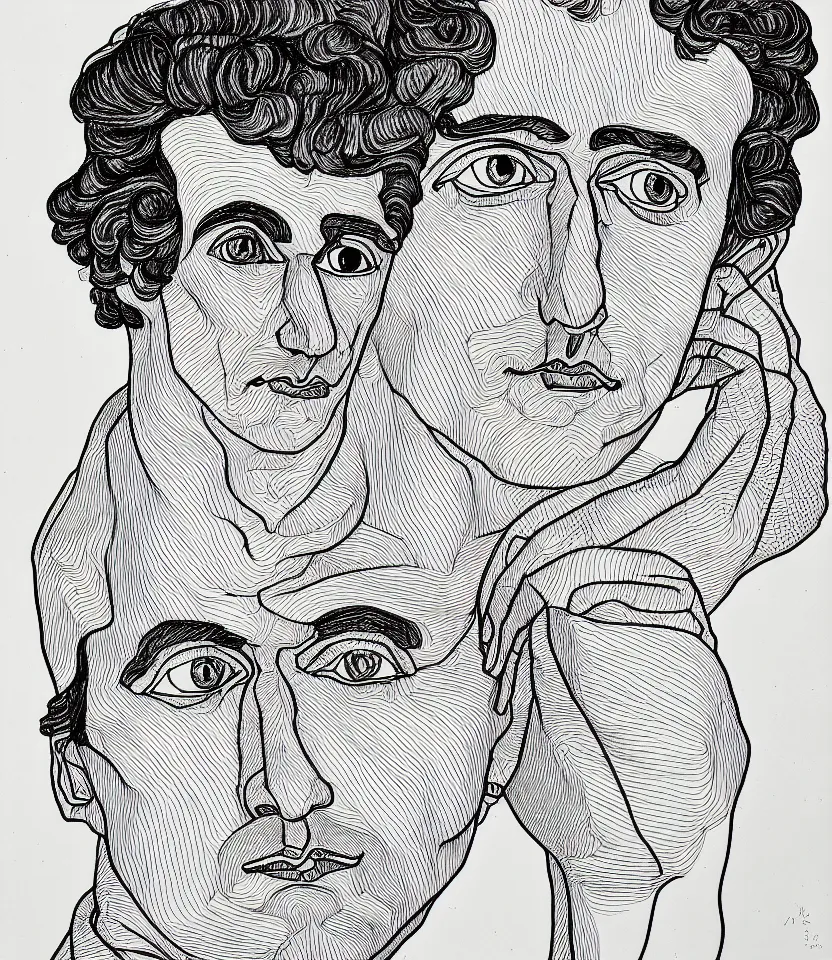 Prompt: detailed line art portrait of goethe, inspired by egon schiele. caricatural, minimalist, bold contour lines, musicality, soft twirls curls and curves, confident personality, raw emotion