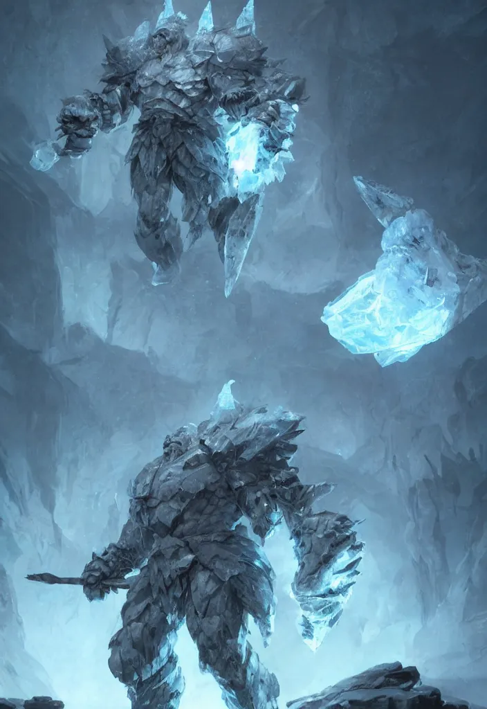 Image similar to an ice giant made of ice and crystal from dungeon and dragons character, armor made of ice, muscles, concept art in style of Greg Rutkowski, ultracrisp, high contrast lighting, John Singer Sargant, painted by Frank Frazetta, trending on artstation!!