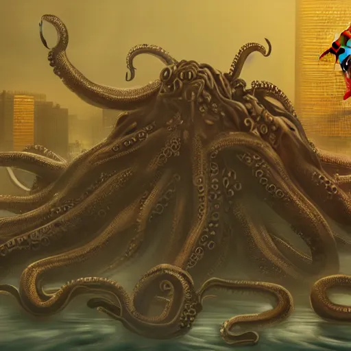 Prompt: Illustration of the Chinese communist party as a dirty octopus with lots of tentacles, dystopian, dirty, 3d shaded, cyberpunk, volumetric lighting, cgsociety, imax, highly detailed