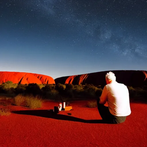 Image similar to man sitting at uluru, medicine drum, night sky, small fire, cosmic sky