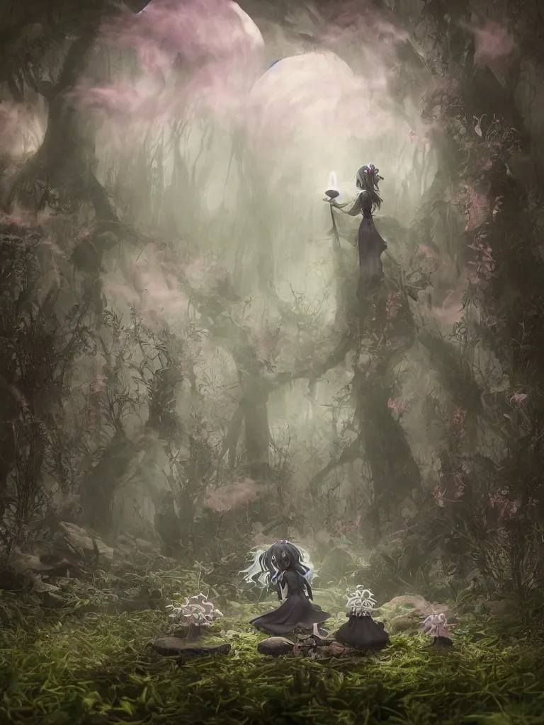 Prompt: cute fumo plush of a gothic maiden girl, inverse color, overdose, overgrown flooded mystical mushroom forest temple, mysterious ritual over tempestuous water, wisps of volumetric vortices of glowing smoke and fog, long dark tattered penumbra soft shadow, vignette, vray