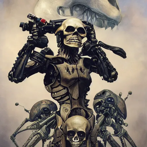 Image similar to A mixed media portrait painting of a skull skeleton punk rockers band, sweat, aesthetic symmetrical face and eyes, photorealistic, model, wet, starship-troopers, pacific-rim-mech in background, eighties pinup style, by Frank Frazetta, Boris Vallejo, Beeple, Greg Rutkowski, Christian MacNevin, epic fantasy character art, high fantasy, CGsociety, exquisite detail, post-processing, masterpiece, cinematic