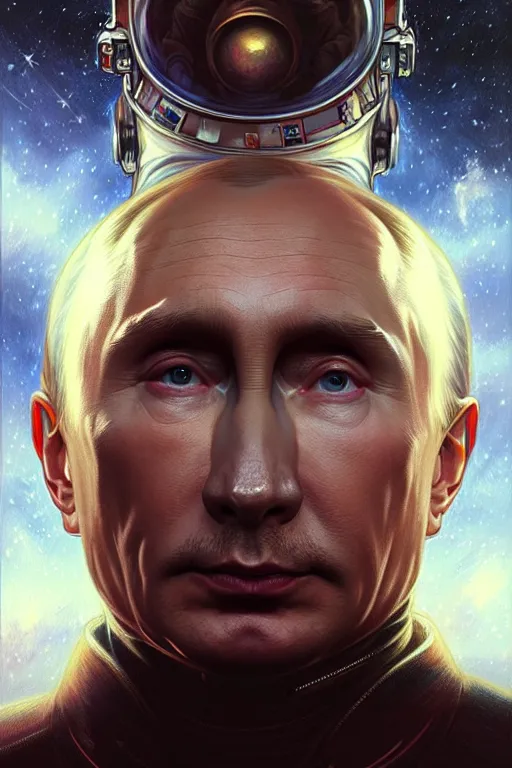 Image similar to Portrait of Putin in space, D&D, face, dark fantasy, intricate, elegant, highly detailed, digital painting, artstation, concept art, smooth, sharp focus, illustration, art by artgerm and greg rutkowski and alphonse mucha