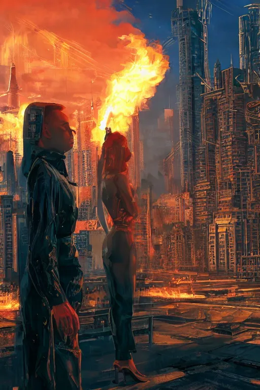 Image similar to in the foreground Saint Petersburg in cyberpunk, in the background a magnificent young blonde woman from behind playing with flames coming out of her hands wearing a long matrix-style jacket, realistic, high definition, many details, dramatic scene, symmetrical face, eyes realistic, cyberpunk, art of Alex Ross