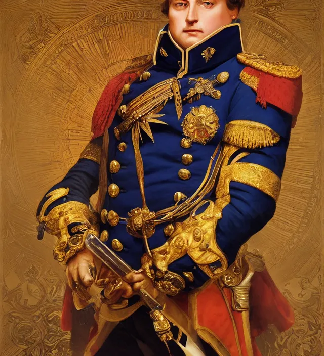 Image similar to portrait of emperor napoleon wearing a traditional nineteenth century french empire military uniform, metal shoulder pauldrons, intricate, highly detailed, digital painting, artstation, concept art, sharp focus, cinematic lighting, illustration, art by artgerm and greg rutkowski, alphonse mucha, cgsociety