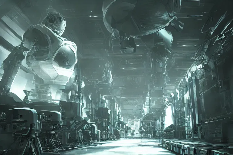 Image similar to robosaurus parallax datacenter server room interior single mono colossus white rusty robot sitting artstation cinematic detailed concept art volumetric light sharp coherent cgsociety symmetric perfect well balanced shadows lotr servers