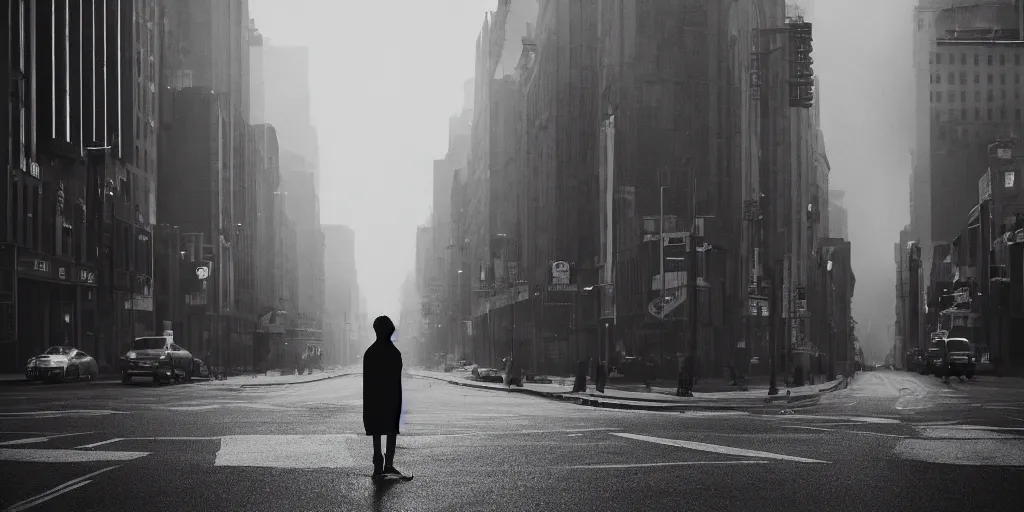 Image similar to city street, a person in center frame, future retro, cinematic, atmospheric, blue and grey tones, cinematography by greig fraser