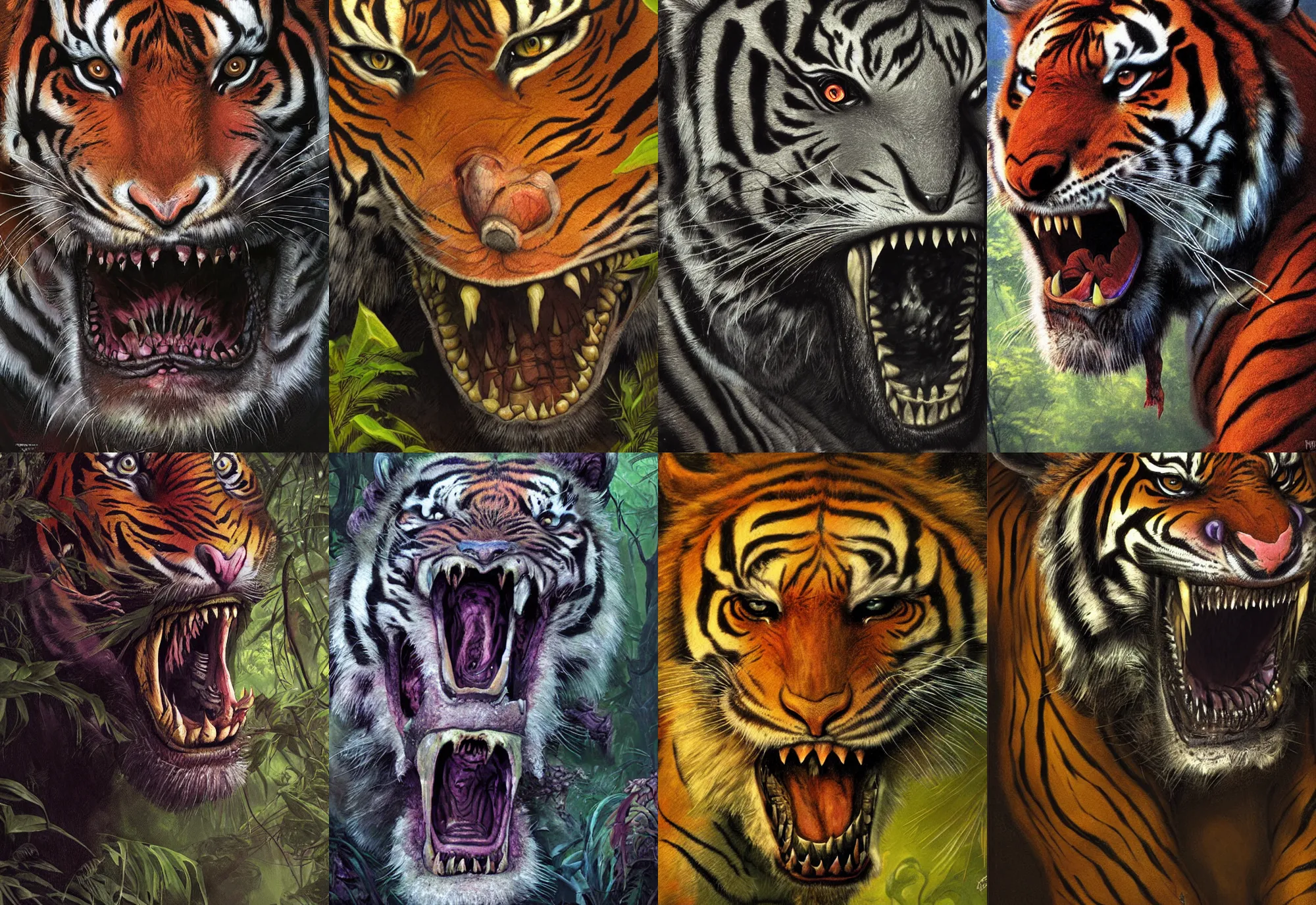 Prompt: a nightmarish tiger, with mouth open, emerging from the jungle, by neville page and wayne barlowe, ( ( ( horror art ) ) ), close up, wide angle, dramatic lighting, highly detailed digital painting