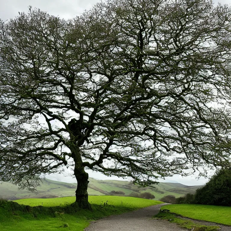 Prompt: A lonesome Ash tree, watching over the path to Kentmere Hall.