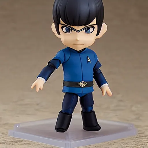 Prompt: spock from the tv series star trek, serious look, pointed ears, spock haircut, greeting, as an anime nendoroid, starfleet uniform, detailed product photo