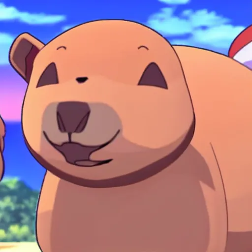 Prompt: a new capybara type pokemon, in the style of pokemon sun and moon, gameplay footage