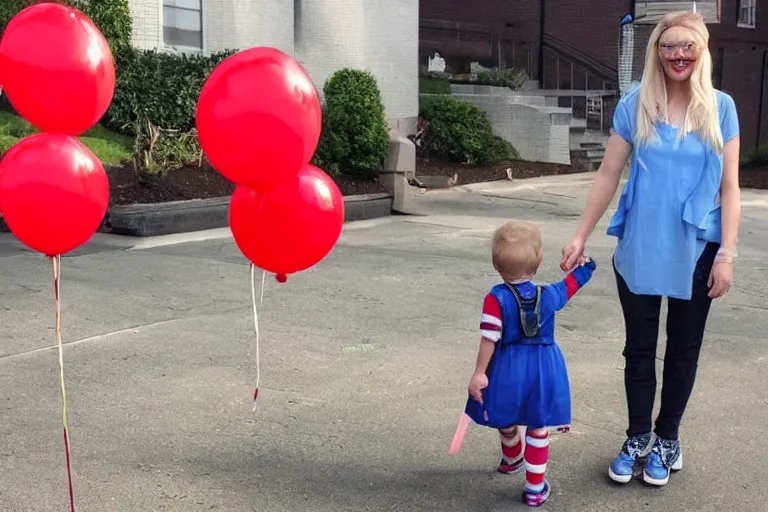 Prompt: pennywise first day of kindergarten with his mom