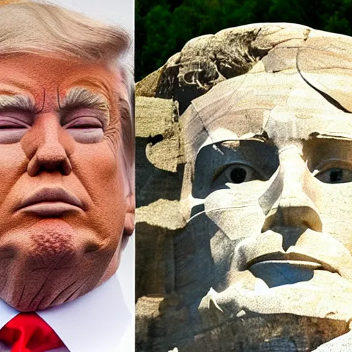 Image similar to donald trump's face carved into the rock on mount rushmore. the photo clearly depicts donald trump's facial features next to other former presidents, at a slightly elevated level, depicting his particular hair style carved into the stone at the mountain top, centered, balances, regal, pensive, powerful, just