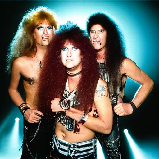 Image similar to a 1 9 8 0 s hair metal band with exaggerated stage makeup, promo photo, fine detailed, photorealistic, portrait