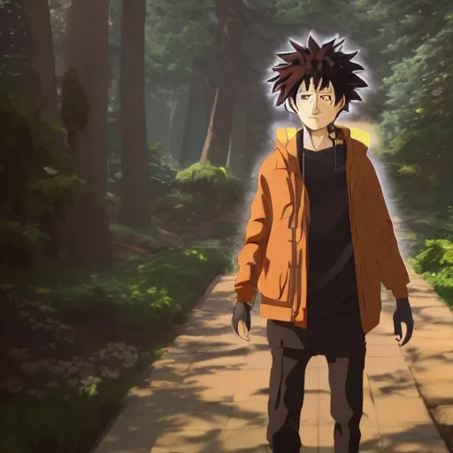 Prompt: an epic anime of a man, big jacket, face tattoos, curly hair ghibli, unreal 5, octane render, rpg portrait, dynamic lighting, epic, epic anime, 2 d