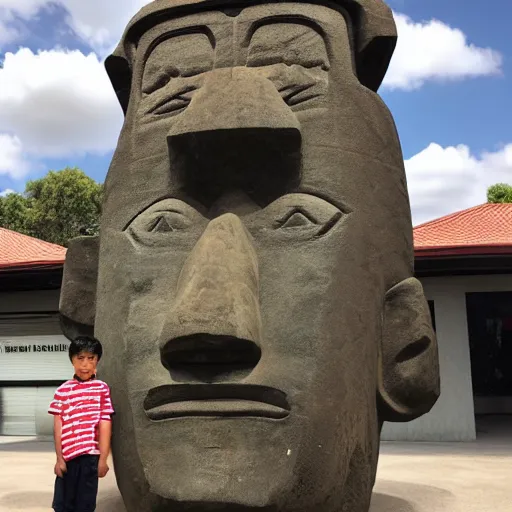 Image similar to a kid looking very dissapointed that his birthday present was a very large moai statue | iphone photograph